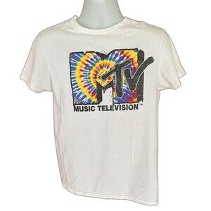 MTV Men's White Retro Tie Dye Logo Graphic Classic T-Shirt Size Medium